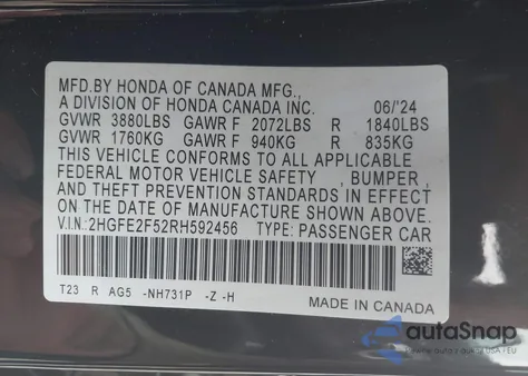 2024 Honda Civic Sport from USA, damaged, VIN 2HGFE2F52RH592456